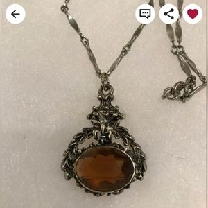 Vintage Gothic Like Necklace with Amber "Stone", Silver Toned Chain